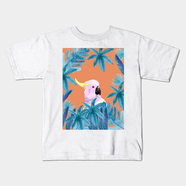 Cockatoo with tropical leaves in watercolor and a coral background Kids T-Shirt by Sandraartist